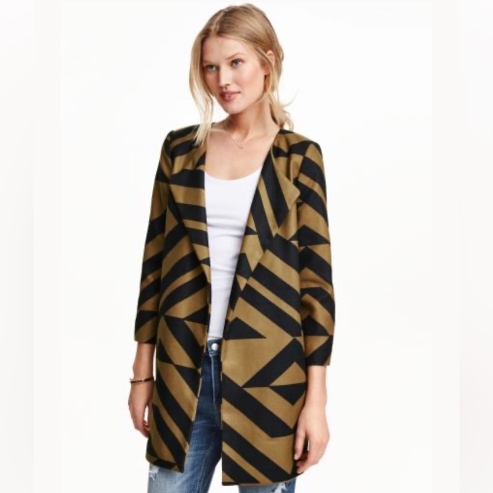 H&M women’s blazer jacket 3/4 sleeves abstract tan & black geometric print 10